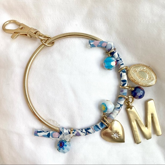 Anthropologie Accessories - ✅Anthropologie M charm bracelet, blue fabric, beads, keychain + locket charms